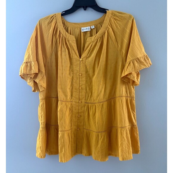 Wonderly Top Size 2X Mustard Yellow Tiered Swiss Dot Boho Fairy Forest Whimsy - Picture 1 of 16